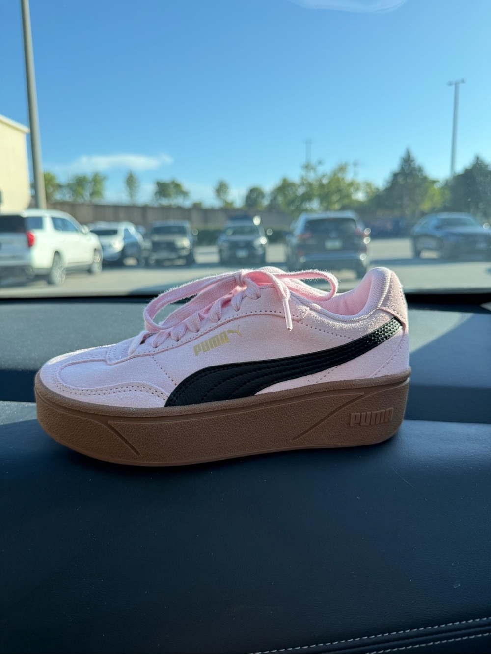 Puma Women's Pink Platform Sneaker with Black Formstripe and Brown Sole